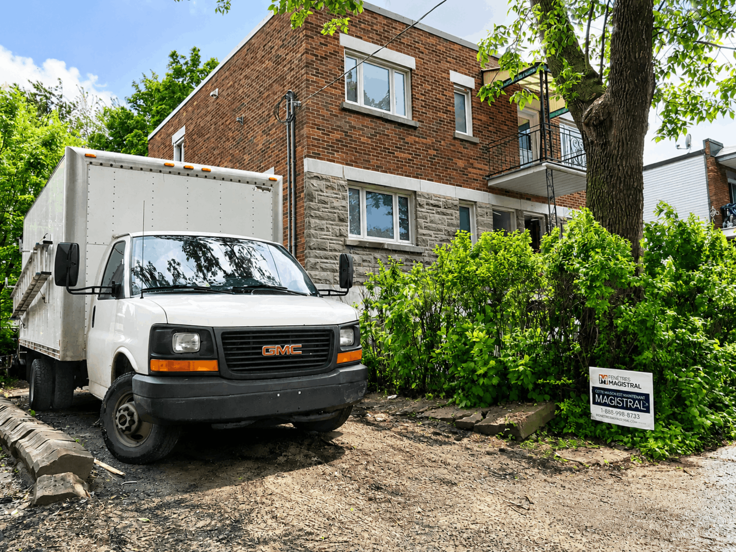 Camion blanc garé devant immeuble résidentiel en briques