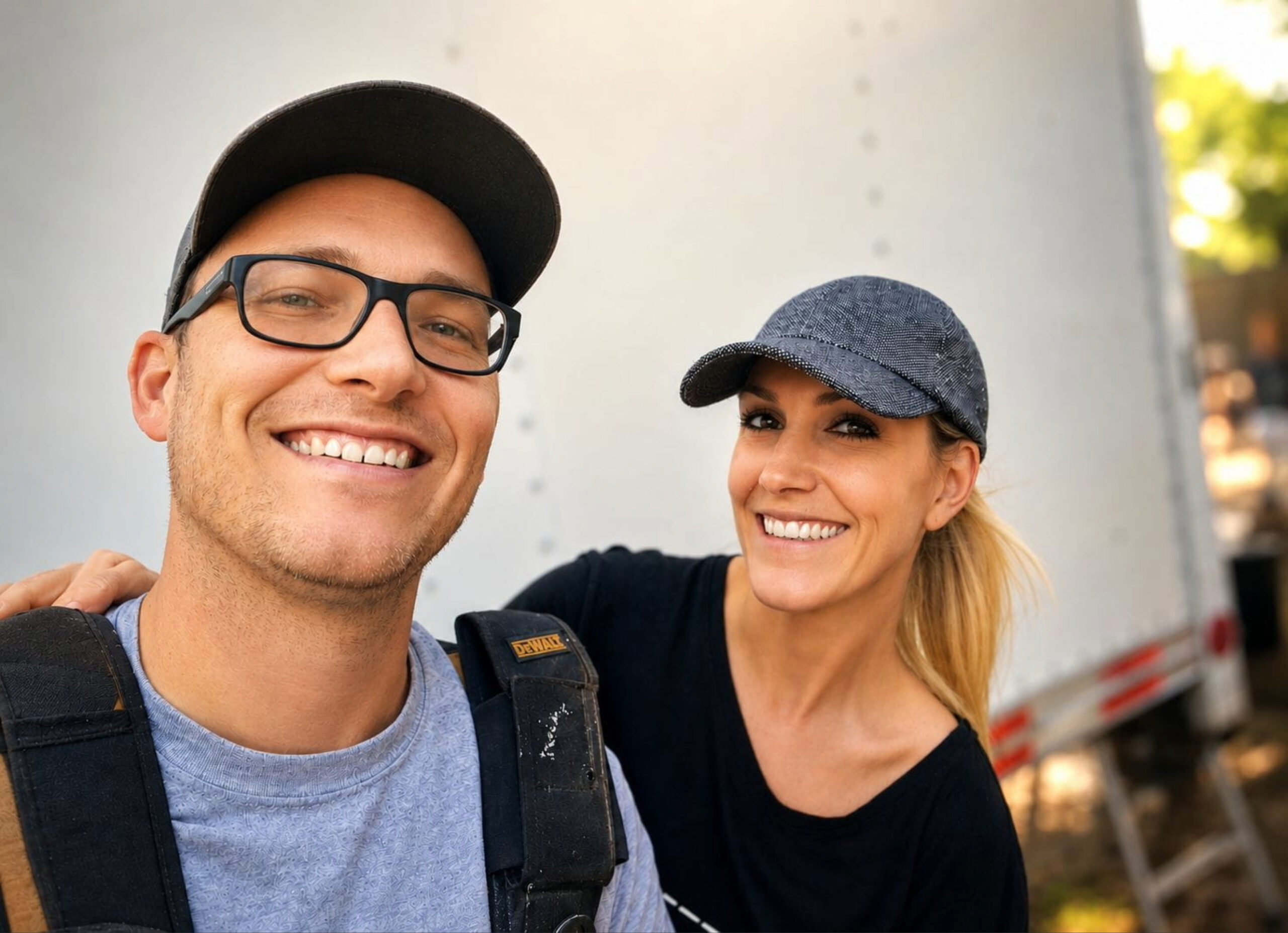 Deux travailleurs souriants devant un camion